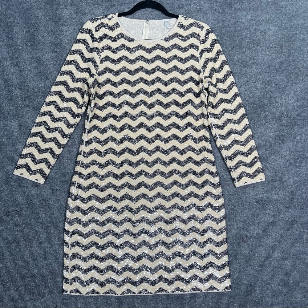 J Crew Women’s Small Ivory Black Sequins Chevron Zig Zag Longsleeve‎ Event Dress